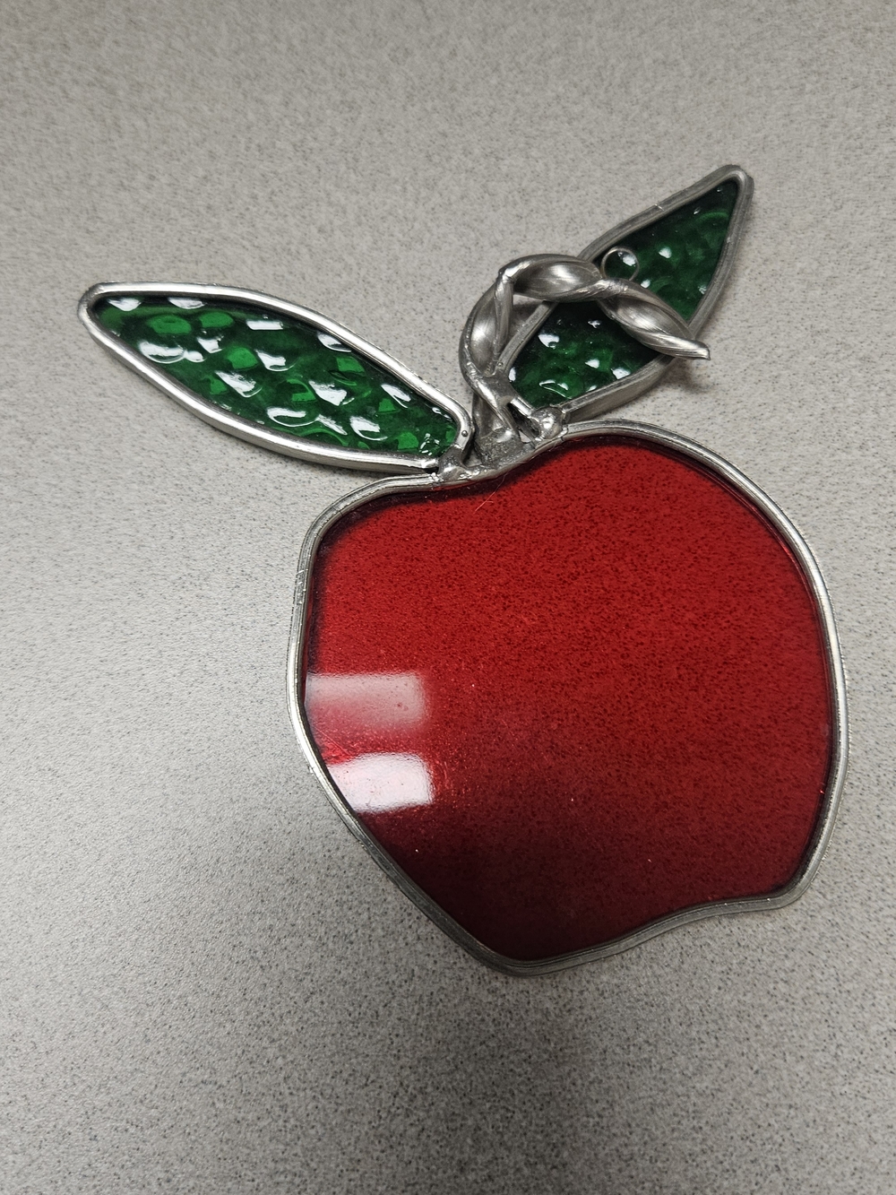 Red Apple Stained Glass Suncatcher with Green Leaves